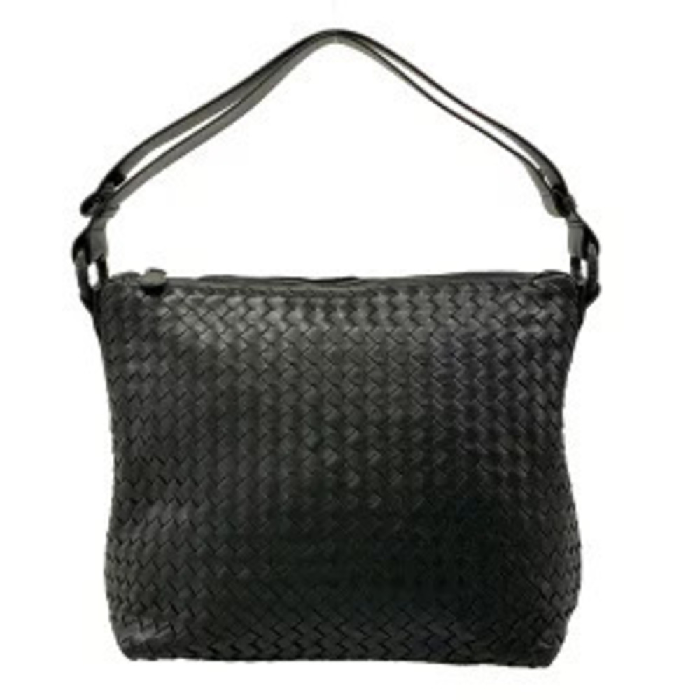 BOTTEGA VENETA Intrecciato Shoulder Bag Black Leather